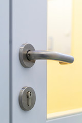 The steel door handle Inside white sterile cleanroom