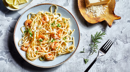 Serving of Italian noodles with fresh scampi