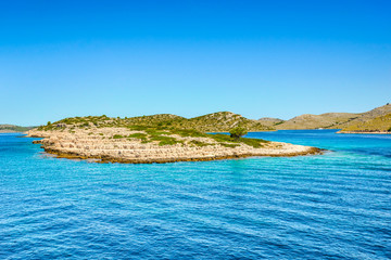 Beautiful seascape bay of Mediterranean Sea, landscape with islands in the sea, Croatia. Vacation travel destination.