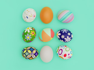 Easter Eggs with beautiful pattern and color viewed from above for a flatlay concept - 3D Rendering Concept