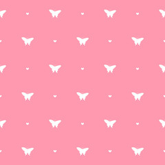 Vector seamless pattern of white butterfly silhouette and hearts isolated on pink background