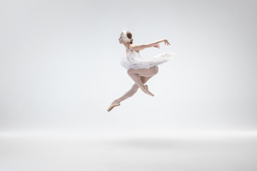 Flying bird. Graceful classic ballerina dancing isolated on white studio background. Woman in tender clothes like a white swan characters. The grace, artist, movement, action and motion concept.
