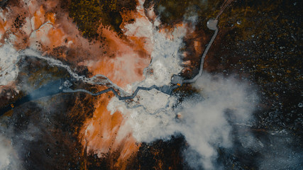Drone view of Seltun geothermal field in Krysuvik,Iceland.Volcano geothermal volcanic activity drone video - Iceland landscape nature showing volcanic active hot springs and mud pots. 