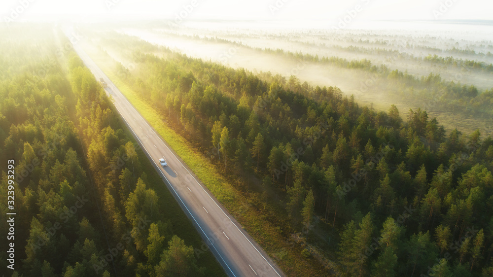 Wall mural aerial view of a highway with cars covered in fog. early misty morning. beautiful forest and sun ray - Wall murals