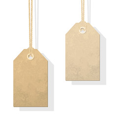 Carton tags hanging on a linen string vector illustration. A realistic and detailed tag tied with linen material thread. - obrazy, fototapety, plakaty