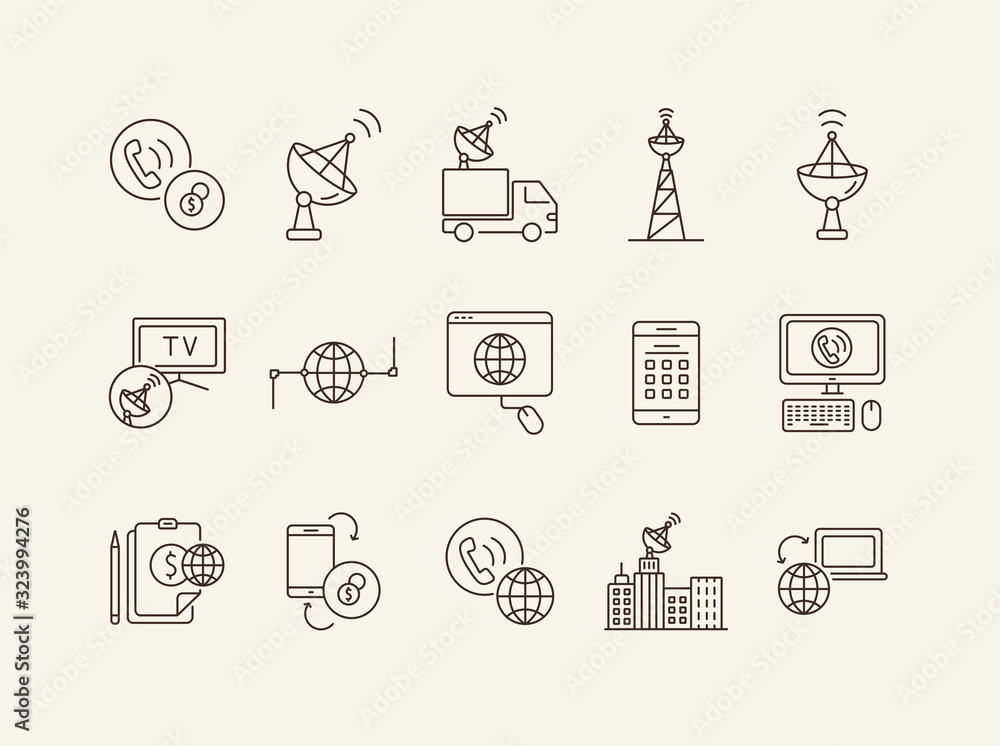 Poster computer networking thin line icon set. wireless technology, global network, broadcast, connection i