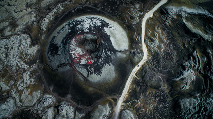 Aerial view of beautiful small Stutur volcano crater in Landmannalaugar highlands next to Frostastadavatn lake. Fjallabak natural reserve, Highlands of Iceland.