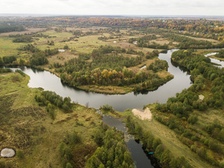 Naklejka premium Aerial view of river Snov in autumn near village of Sednev, Ukraine.