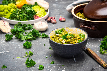 Healthy Brunch in Bowl. Groats and Kale Risotto. Green Diet. Plant Based Food. Healthy Living