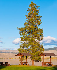 A picnic table with gorgeous view at Lake, British Columbia, Canada.