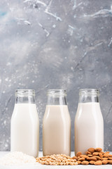 Plant Based Food. Almond, Soya or Soy and Rice Organic Fresh Milk. Non Dairy Food