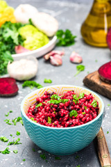 Healthy Brunch in Bowl. Groats and Beetroot Risotto. Green Diet. Plant Based Food. Healthy Living