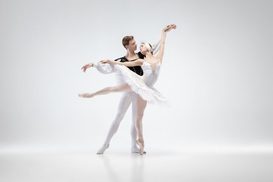 Love. Graceful classic ballet dancers dancing isolated on white studio background. Couple in tender white clothes like a white swan characters. The grace, artist, movement, action and motion concept.