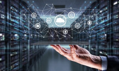 Man holding business elements icons on the screen