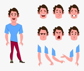 casual cartoon man character set for your animation, design or motion with different facial emotions and hands