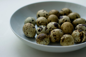 Quail eggs in a white bowl on a white background