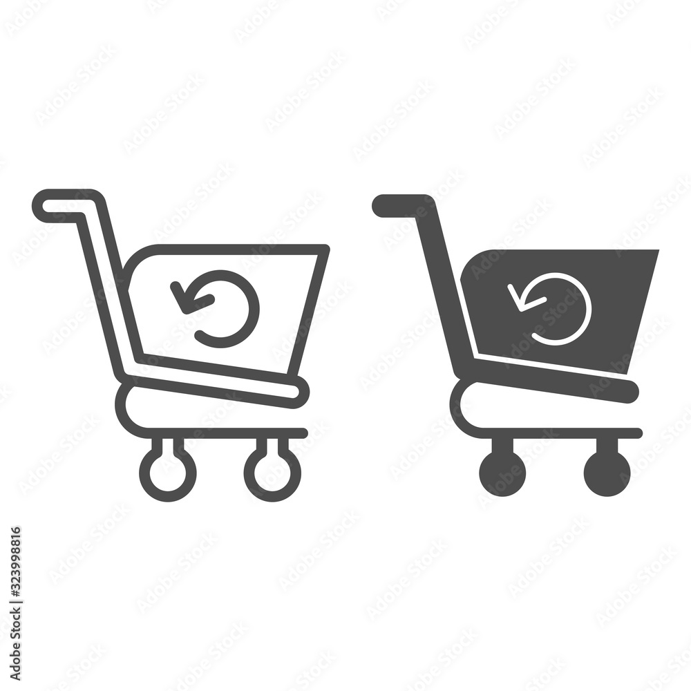 Poster refresh shopping cart line and glyph icon. reload, market trolley with rounded arrow. commerce vecto