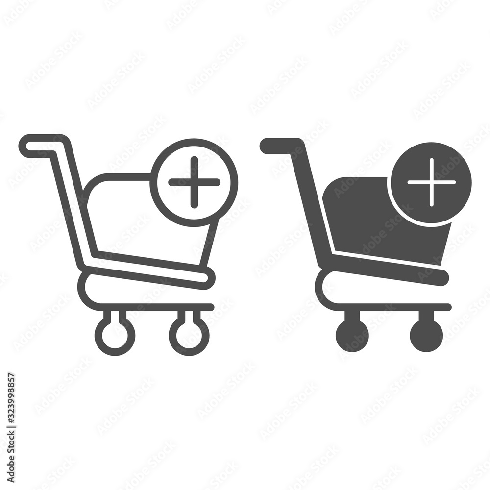 Poster add to shopping cart line and glyph icon. market trolley with plus button sign. commerce vector desi