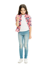 Obraz premium Be aware of. Upbringing versatile personality. Childhood concept. Girl child stand white background. Happy childhood. Grow mentally and physically healthy child. Child care. Wellbeing and health