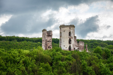 The ruins tower of an old abandoned castle in the village of Chervonograd, Ternopil region, Ukraine