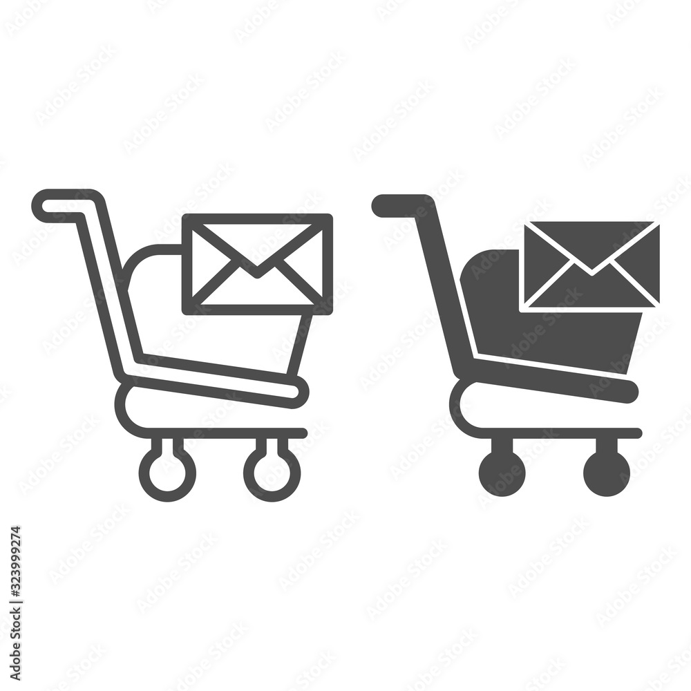 Poster letter and trolley line and glyph icon. market cart with post envelope button. commerce vector desig