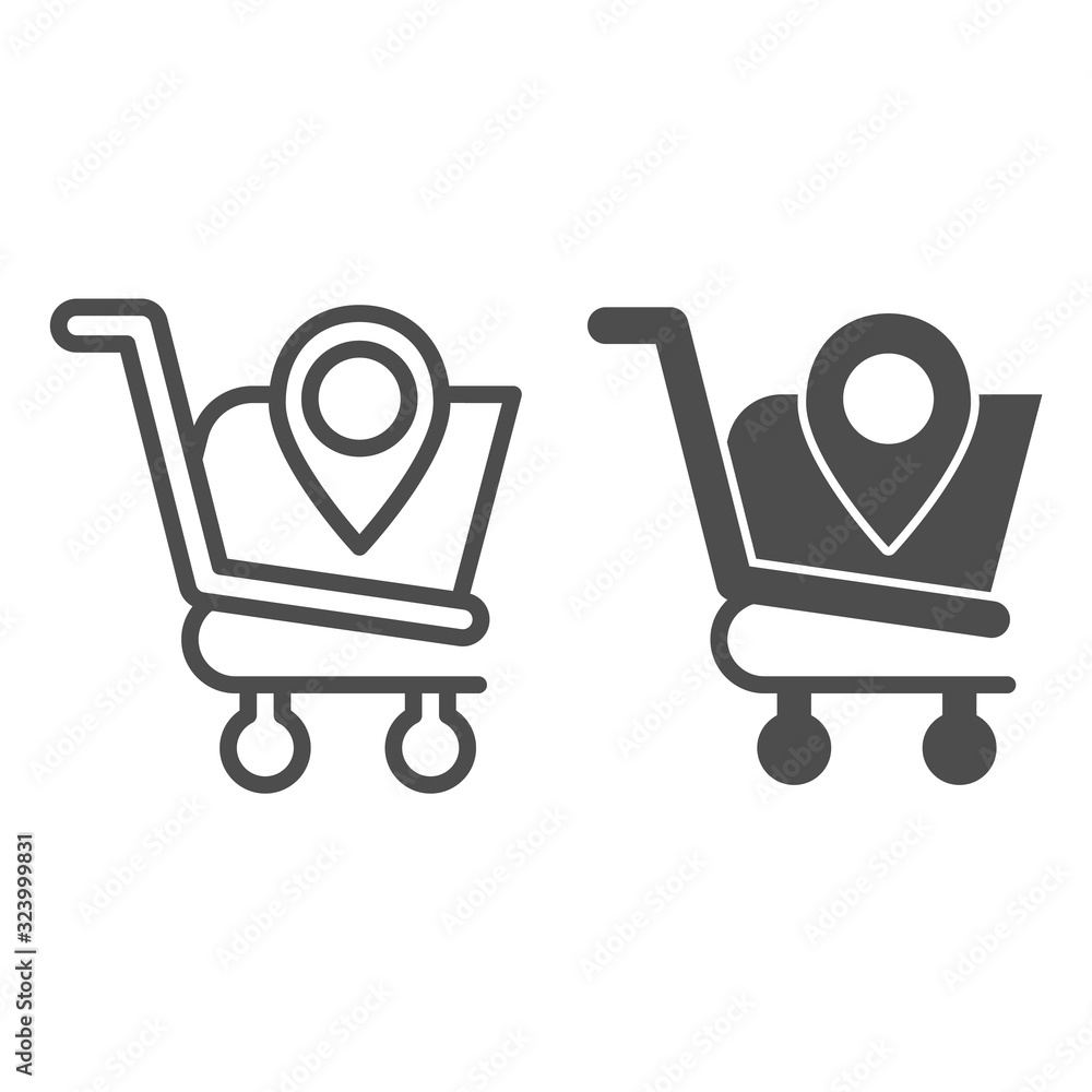 Poster map pointer with shopping cart line and glyph icon. market basket with gps location pin. commerce ve