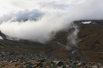 Impressive view of the mountains of Sarek national park in Swedish Lapland. selective focus