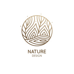Vector logo of nature elements in linear style. Linear icon of landscape with trees, river, fields or lake.