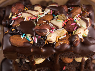 handmade chocolate cake with nuts and raisins in a ceramic plate.