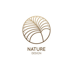 Tropical plant logo. Outline round emblem of palm leaf in linear style. Vector abstract badge for design of natural product, flower shop, cosmetics, ecology concepts, health, spa, yoga