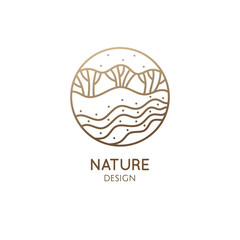 Vector logo of nature elements in linear style. Linear icon of landscape with trees, river, fields