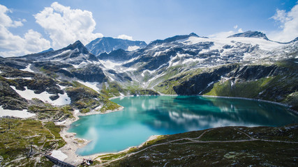 Aerial view of Weißsee Gletscherwelt panorama in national park Hohe Tauren. Austria, Tirol, lake named Weisssee in Kaunertal, Austrian Alps.