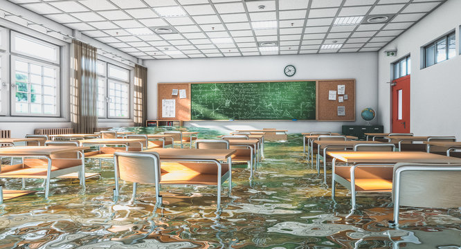 3d render image of an interior of a flooded traditional school class.