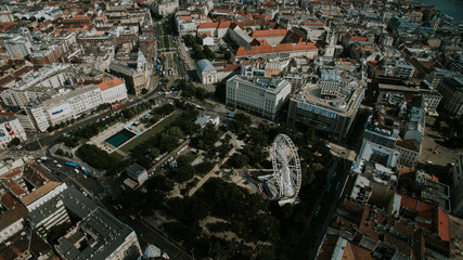 Fototapeta premium Drone panoramic skyline view of Deák Ferenc square with ferris wheel.