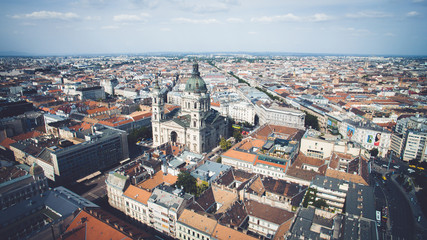 Fototapeta na wymiar Aerial panoramic skyline view of Deák Ferenc square St.Stephen's Basilica, Hungarian Parliament and Matthias Church.