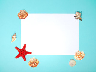 Starfish on blue background. travel concept with empty space for text, flatlay