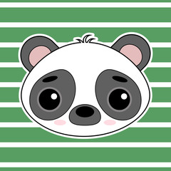 Cute little Panda vector image on striped background. An animal with big eyes. Postcard, print, banner, holiday, children's illustration.