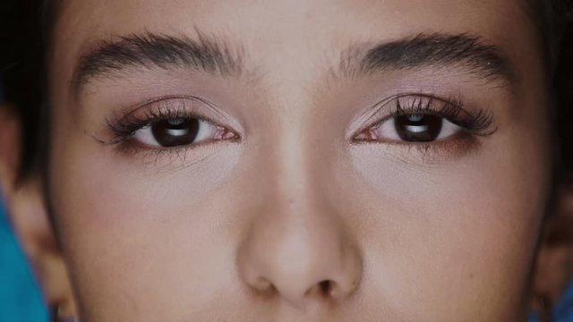 close-up of girl dark eyes with light nude make-up and perfect brows looking to camera