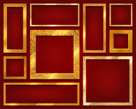 Set of decorative glowing frame picture. Gold luxury shiny border. Glamorous style template. Isolated vector on red background