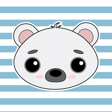 Cute little polar bear vector image on striped background. An animal with big eyes. Postcard, print, banner, holiday, children's illustration.