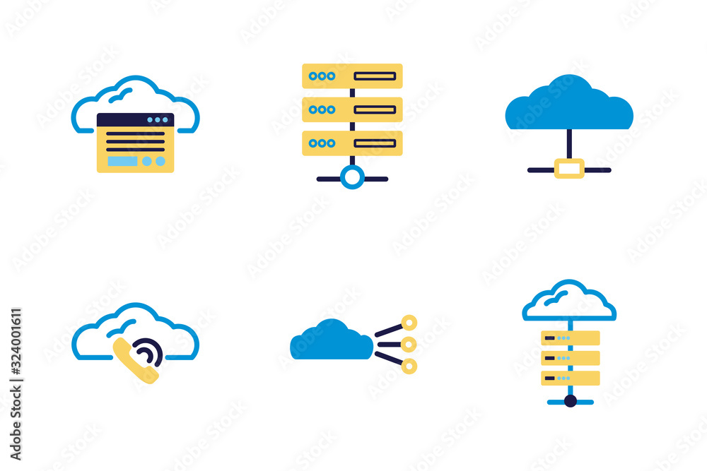 Poster bundle of cloud computing lineal colors style icons