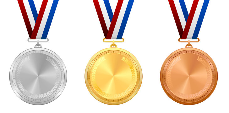 Vector illustration of gold, silver and bronze medals with realistic ribbons.