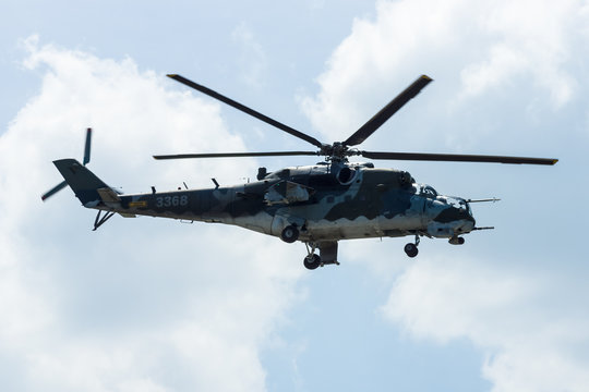 BERLIN, GERMANY - JUNE 03, 2016: Attack helicopter Mil Mi-24 Hind. Czech Air Force. Exhibition ILA Berlin Air Show 2016