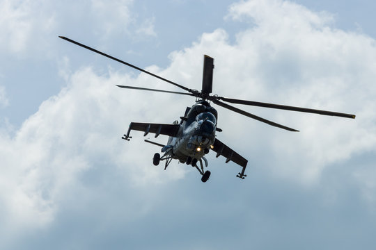 BERLIN, GERMANY - JUNE 03, 2016: Attack helicopter Mil Mi-24 Hind. Czech Air Force. Exhibition ILA Berlin Air Show 2016