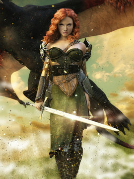 3d illustration warrior girl dragon flying