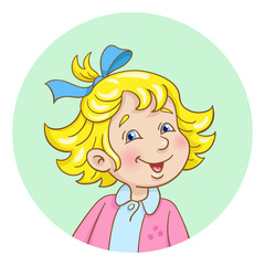 Portrait of a little cute girl with blond hair. Avatar icon in the circle. In cartoon style. Isolated on white background. Vector illustration.