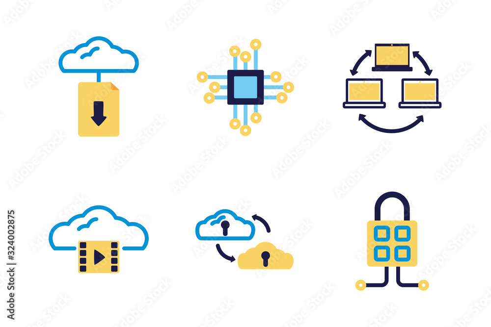 Poster bundle of cloud computing lineal colors style icons