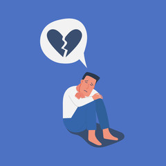 sad and unhappy young man in depression sitting on his knees, lonely boy with broken heart on mind, sorrow, mental health concept, cartoon male character vector flat illustration