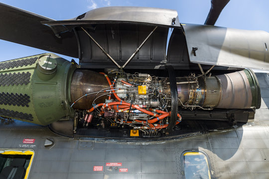 BERLIN, GERMANY - JUNE 03, 2016: Engine of the heavy-lift cargo helicopter Sikorsky CH-53 Sea Stallion. Exhibition ILA Berlin Air Show 2016