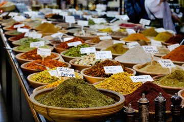 Colourful display of spices in a market